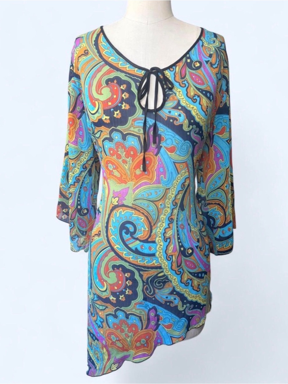 Vibrant Paisley Tie-Neck Tunic Dress - Multicolor